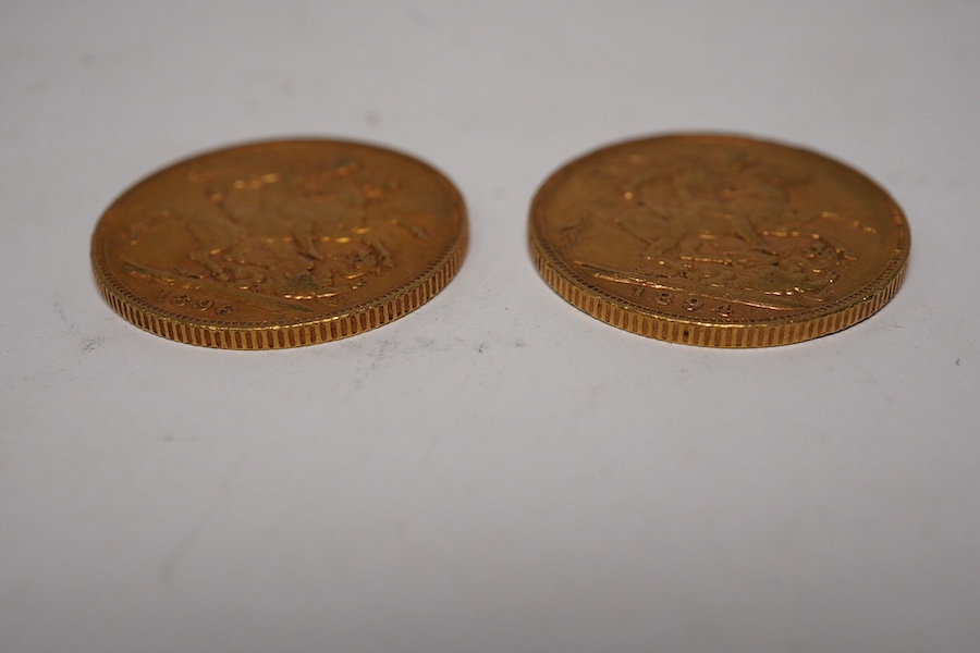 British gold coins, Victoria, two gold sovereigns, veiled head, 1894, VF and 1896, near VF